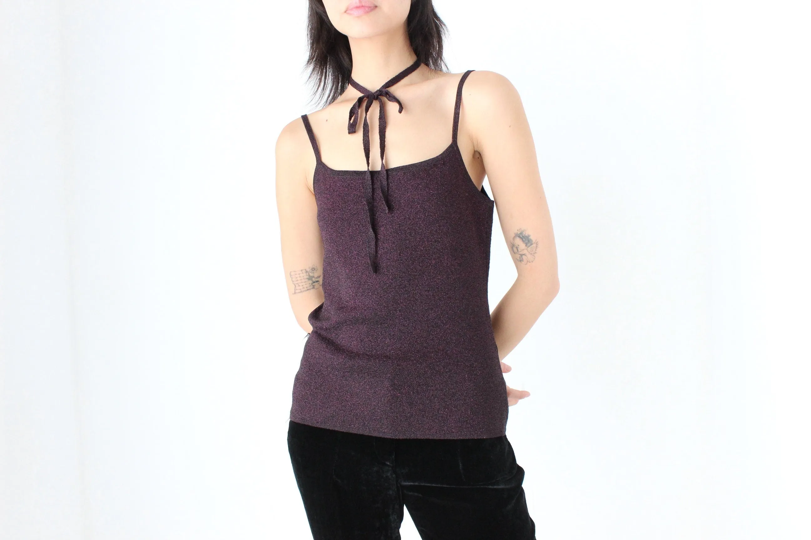 Y2K Lurex Stretch Fitted Tank w/ Tie Belt or Choker