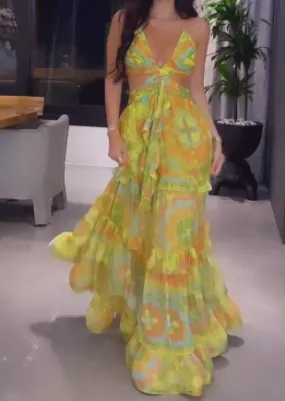 Yellow Printed Backless Halter Long Dress