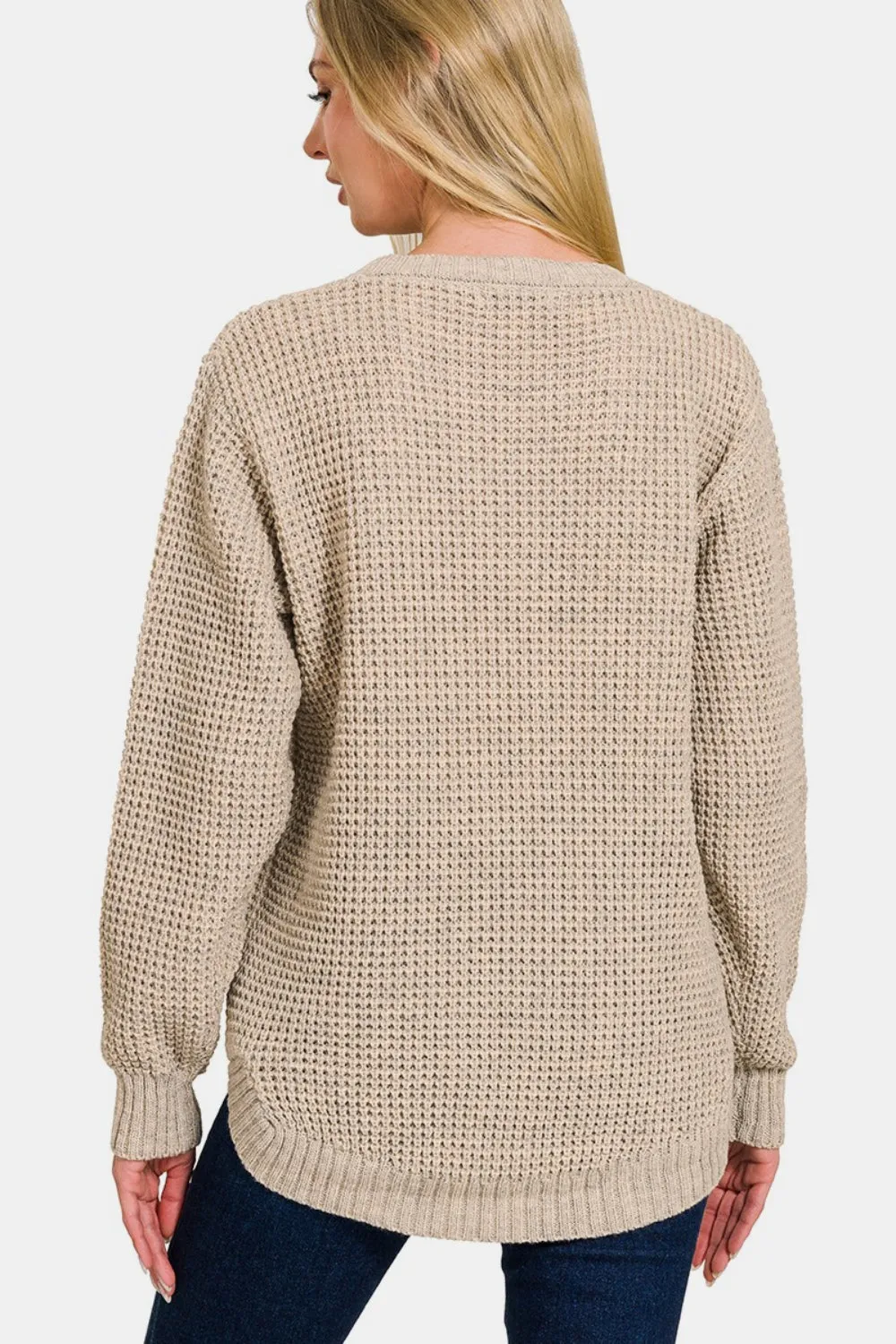 Zenana Heather Beige High Low Long Sleeve Waffle Knit Sweater