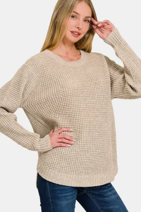 Zenana Heather Beige High Low Long Sleeve Waffle Knit Sweater